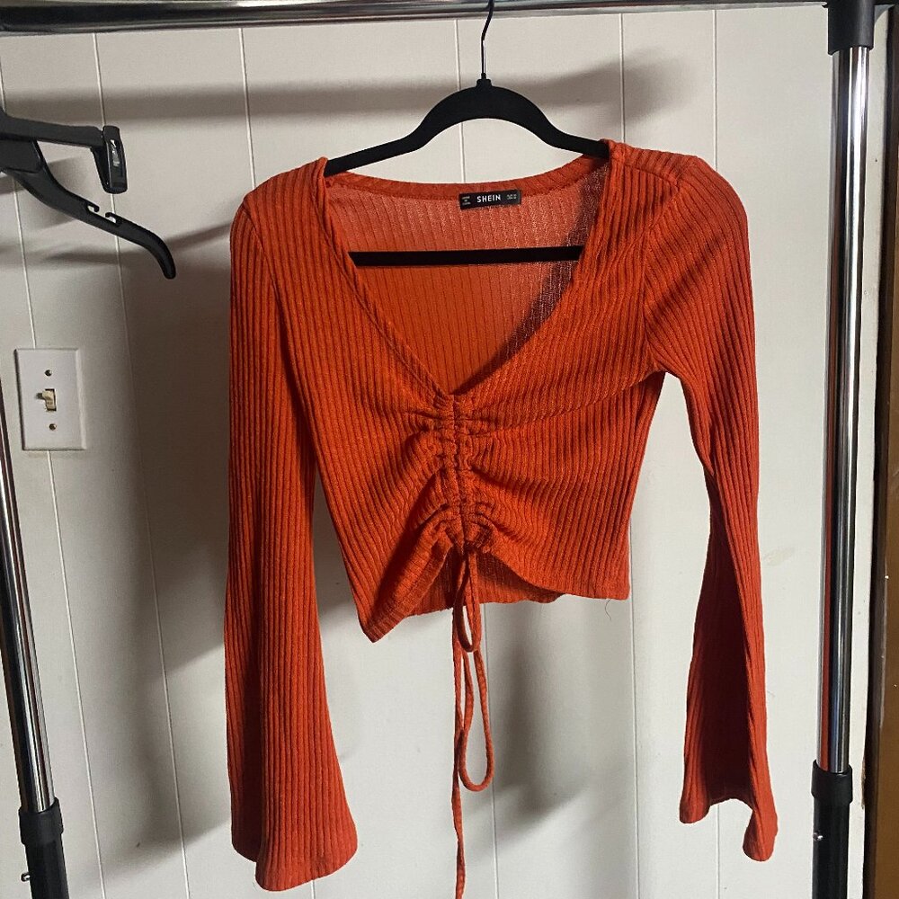 Shein Womens Orange Top with Flare Sleeves and Drawstring Detail
